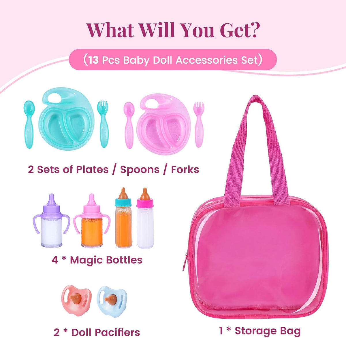 BABESIDE 13 Pcs Baby Doll Accessories Set, Magic Baby Doll Bottles and Accessories Toy Babys Bottles with Disappearing Milk, Babydoll Accessories for Girls Pretend Play Toy