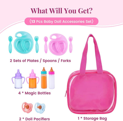 BABESIDE 13 Pcs Baby Doll Accessories Set, Magic Baby Doll Bottles and Accessories Toy Babys Bottles with Disappearing Milk, Babydoll Accessories for Girls Pretend Play Toy
