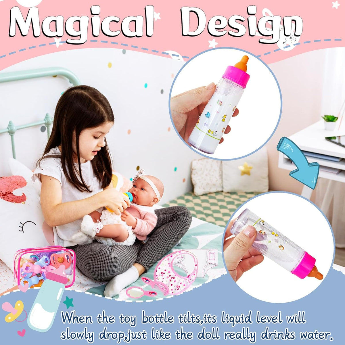 17 Pcs Baby Doll Accessories Magic Bottle set,Pretend Play Feeding Toy