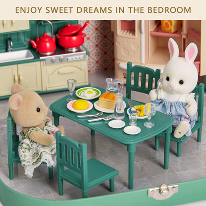 Dollhouse Kitchen Furniture Suitcase Set for Kids, 2 Flexible Dolls/Dining Tble/Kitchenware/Tableware/Refrigerator/Bread, Pretend Play Dollhouse Accessories Christmas Birthday Gift for Girls Ages 3+
