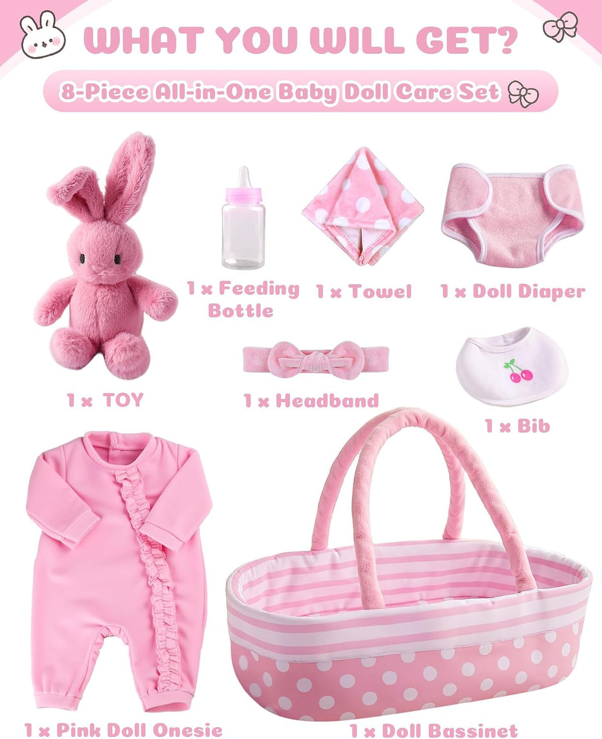 BABESIDE 8PCS Baby Doll Accessories Set with Bassinet for 17-22 Inch Dolls
