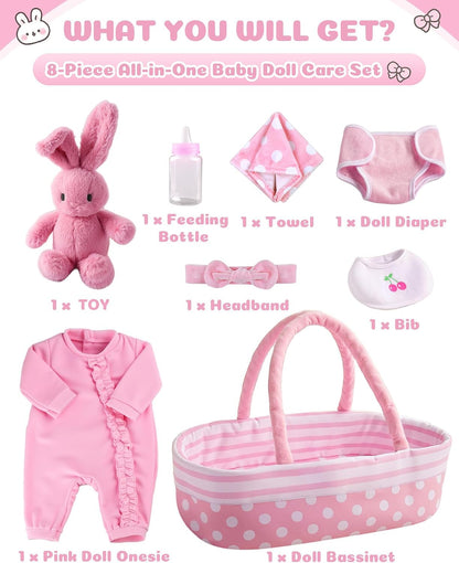 BABESIDE 8PCS Baby Doll Accessories Set with Bassinet for 17-22 Inch Dolls