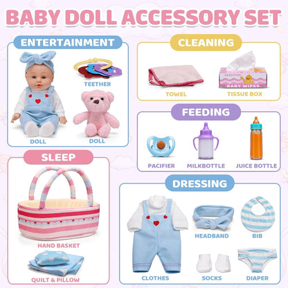 15 Pcs Baby Doll Accessories Set, Pretend Play Game Gift for Girls Age 3+