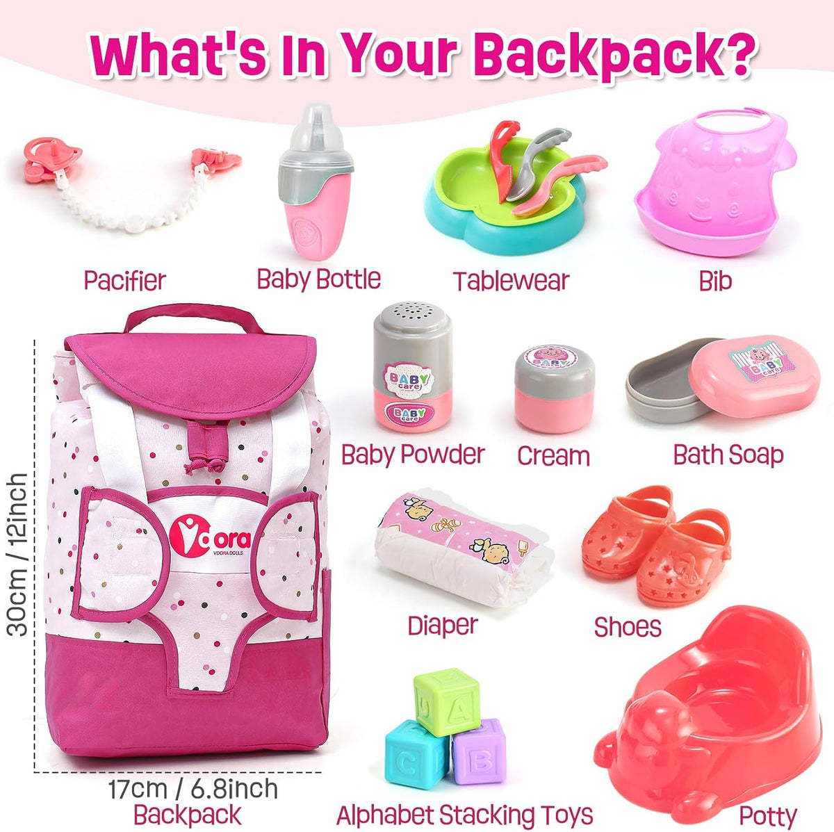 TUZT Baby Doll Accessories Playset, Baby Doll Care Toys with Changing Bag Backpack Feeding Set Doll Nappies Bottle Bath, Birthday Toys for Kids Girls (Doll Not Included)