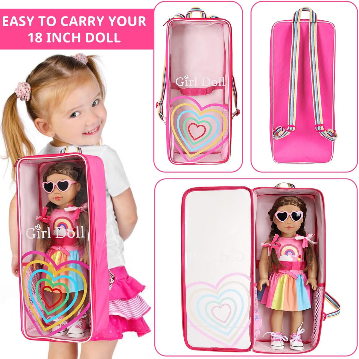 ZITA ELEMENT 18 Inch Girl Doll Travel Carrier Backpack Rainbow Heart Style