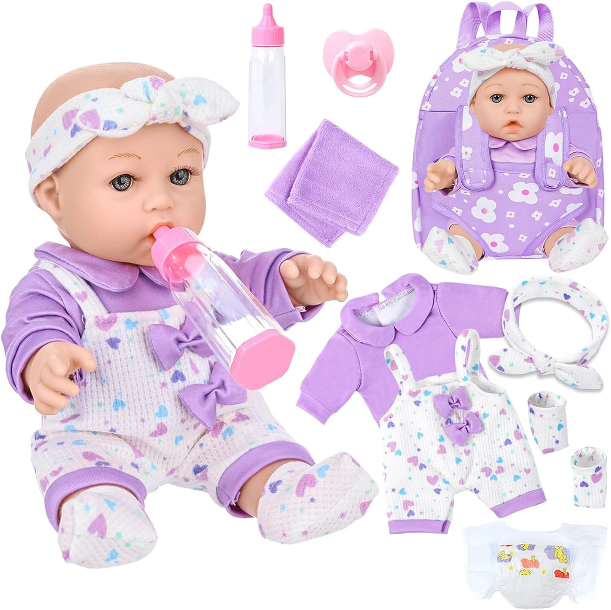 12" Baby Doll with Flower Pattern Backpack Carrier and Accessories Toys