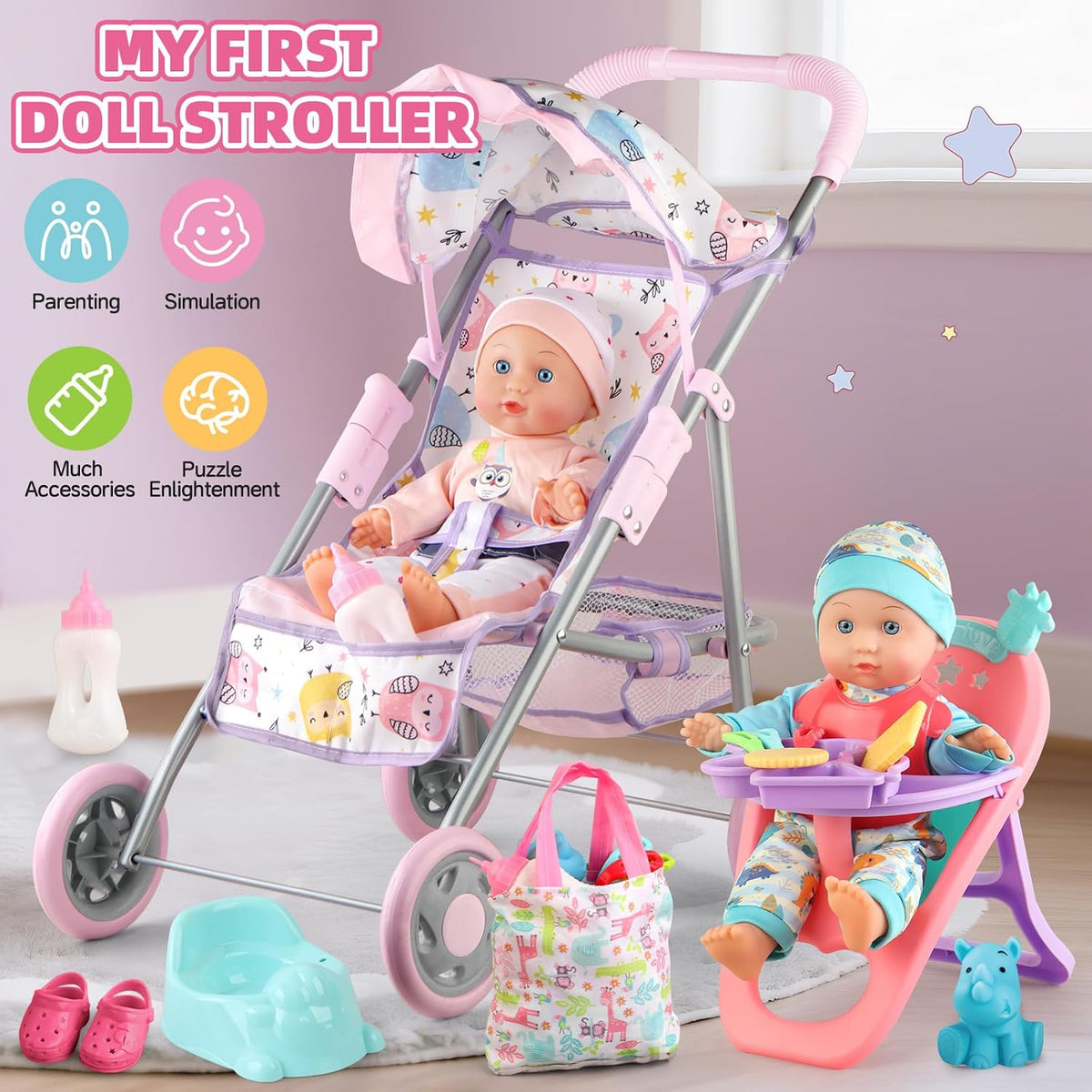 Baby Doll Stroller for Kids 3 4 5 6,Have Doll and 23 PCS Doll Accessories