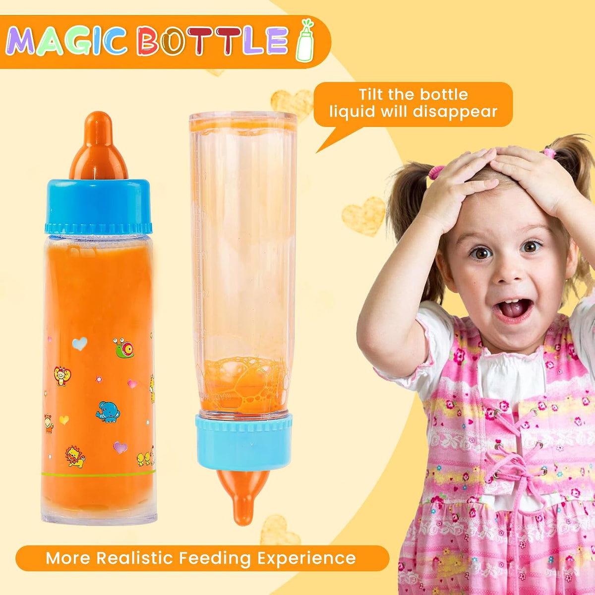 Kaydora Baby Doll Bottle Accessories - 6 Pcs Magic Milk Feeding Toys Yellow