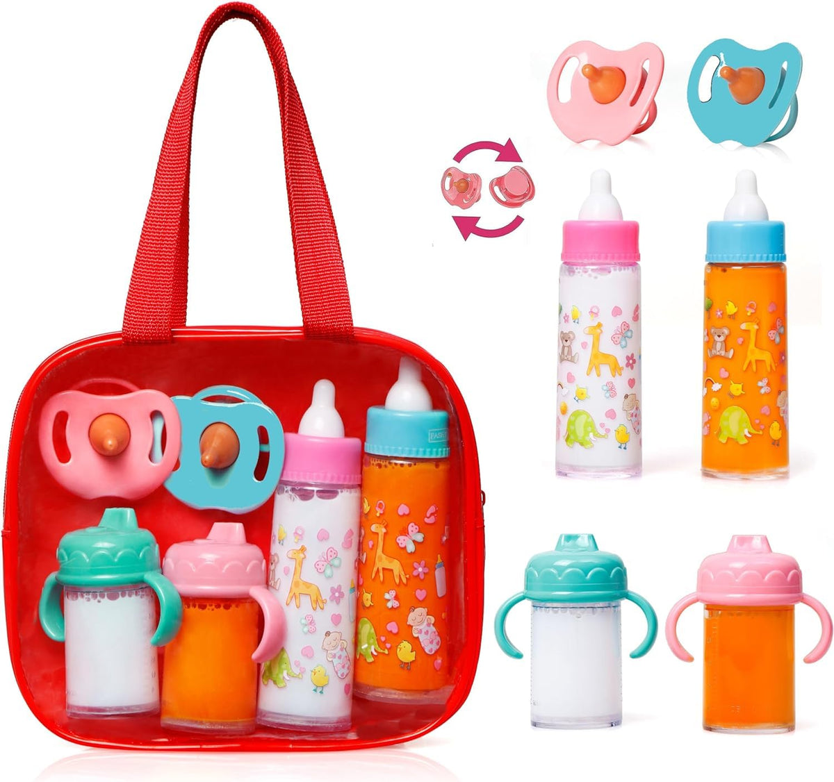 fash n kolor My Sweet 13-Piece Doll Feeding & Diaper Bag Set – Magic Disappearing Milk Bottles, Diapers, Bibs, Pacifiers & Accessories – Pretend Play Doll Care Kit with Carrying Bag for Girls