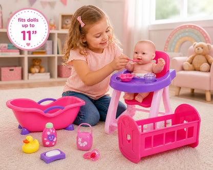 JC Toys Deluxe Doll Accessory Bundle | High Chair, Crib, Bath and Extra Accessories for Dolls up to 11" | Fits 11" La Baby & Other Similar Sized Dolls, Pink (81453)