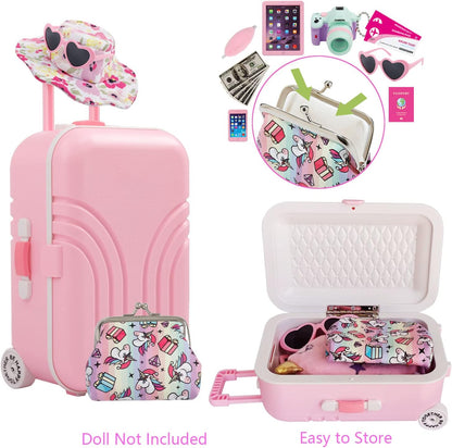 Windolls 18 Inch Doll Suitcase Travel Luggage Play Accessories, Doll Clothes Accessories Carrier Storage Set, Case, Hat, Sunglasses, Camera, Pillow, Toy Pet