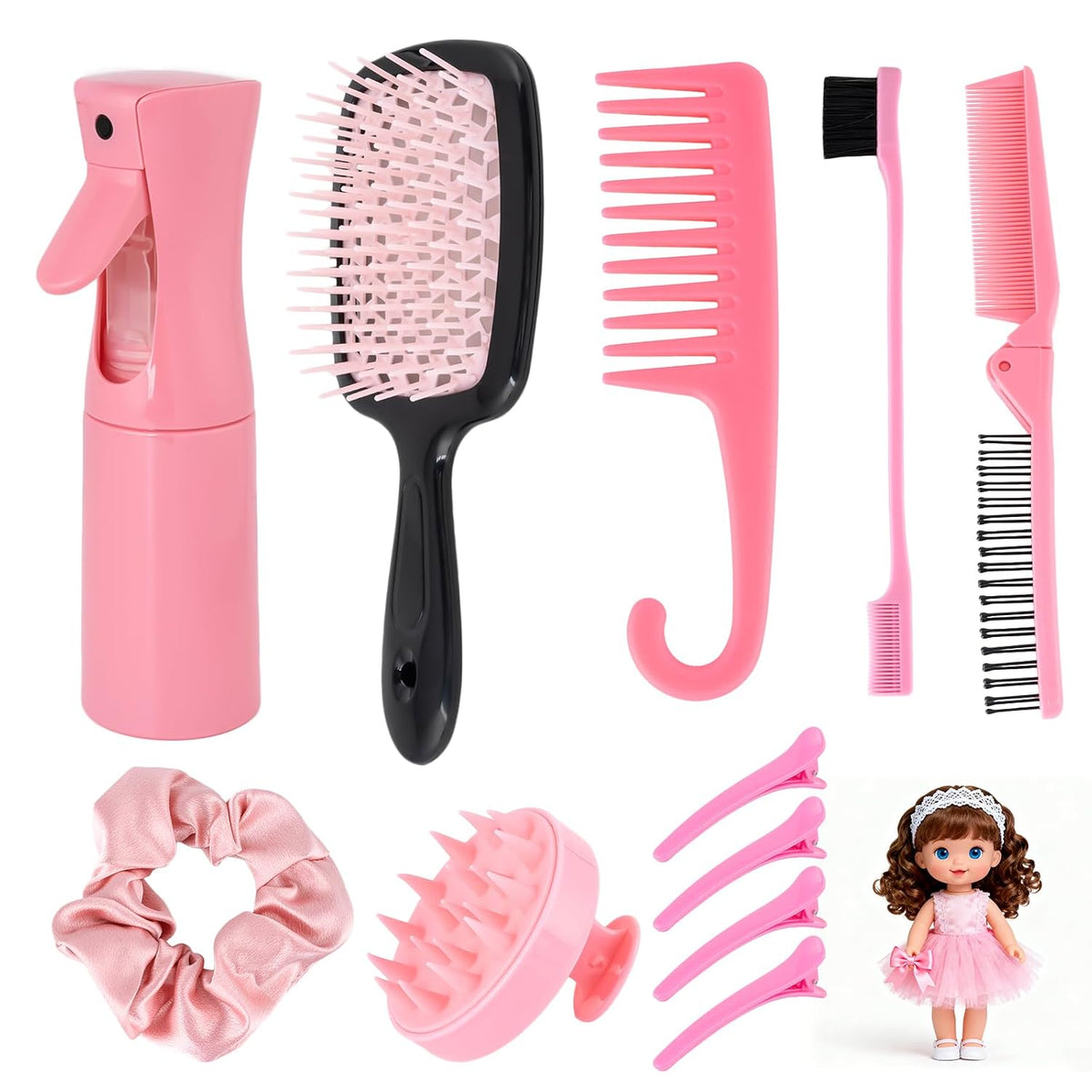 Doll Hair Brush Compatible with American Girl, Doll Wig Brush Set with Spray Bottle Detangle Brush Curly Hair Comb Set Fit for American Girl Doll Accessories, Doll Head Hair Styling Brush Set 8 PCS·