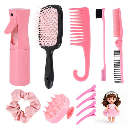 Doll Hair Brush Compatible with American Girl, Doll Wig Brush Set with Spray Bottle Detangle Brush Curly Hair Comb Set Fit for American Girl Doll Accessories, Doll Head Hair Styling Brush Set 8 PCS·