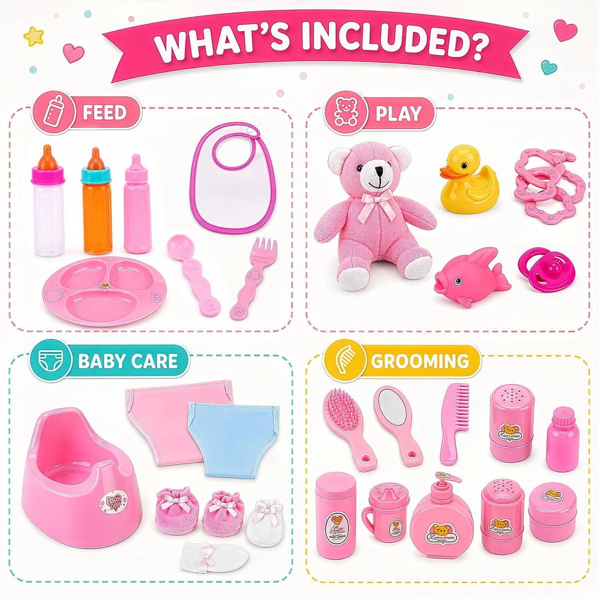 Liberty Imports 28 PCS Baby Doll Accessories Complete Care Set - Doll Feeding Pretend Playset for Kids, Girls with Magic Milk Bottles in a Storage Bag