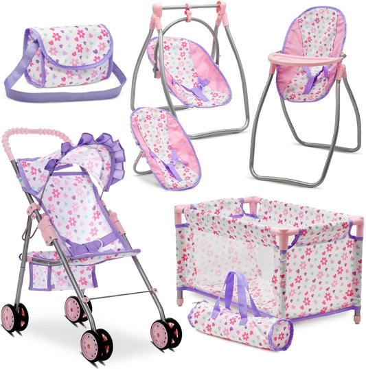 Baby Doll Stroller Bed and Swing Nursery Playset, Baby Doll Accessories Furniture Set Convertible High Chair Diaper Bag Role Play Deluxe Purple Doll Set