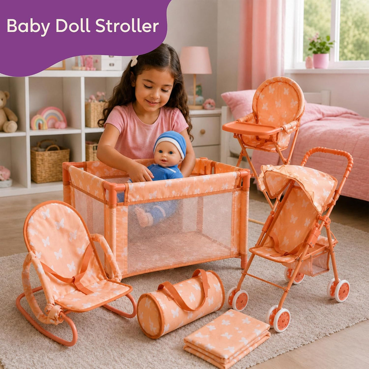 4-in-1 Baby Doll Stroller Set with Butterfly Design – Includes Toy Stroller, Crib, Bouncer & High Chair – Doll Accessories & Baby Doll Furniture Set for Kids Ages 3+ – Fits Dolls up to 18 Inches