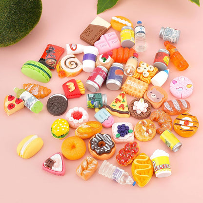 50Pcs Miniature Food Drinks Bottle Soda Pop Cans, Pretend Play Mini Kitchen Game Party Accessories Toys Hamburg Cake Ice Cream for 1/12 Doll House