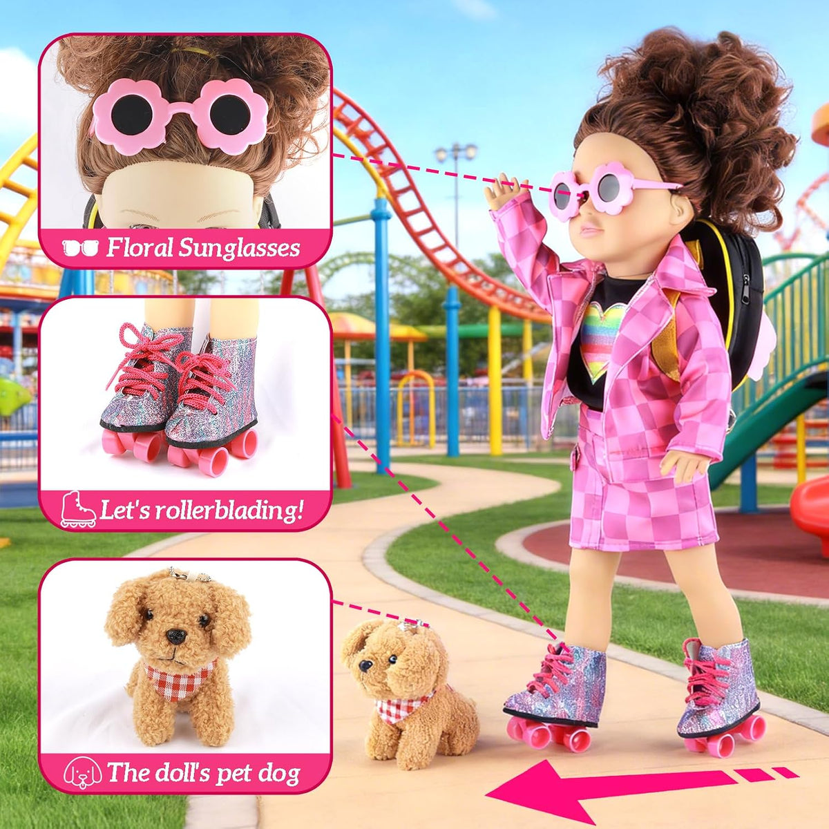 American 18 Inch Doll Clothes & Accessories Set – Includes Pink Plaid Coat, Heart T-Shirt, Skating Shoes, Pet Dog, Penguin Backpack, Camera, Glasses & More – Perfect for 18" Dolls (No Doll)