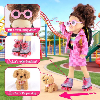 American 18 Inch Doll Clothes & Accessories Set – Includes Pink Plaid Coat, Heart T-Shirt, Skating Shoes, Pet Dog, Penguin Backpack, Camera, Glasses & More – Perfect for 18" Dolls (No Doll)