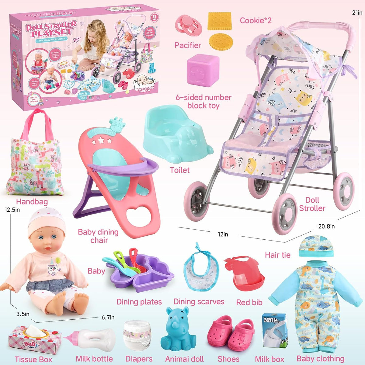 Baby Doll Stroller for Kids 3 4 5 6,Have Doll and 23 PCS Doll Accessories