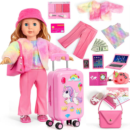 WONDOLL American 18 Inch Doll Clothes and Accessories, Suitcase Outfit Set