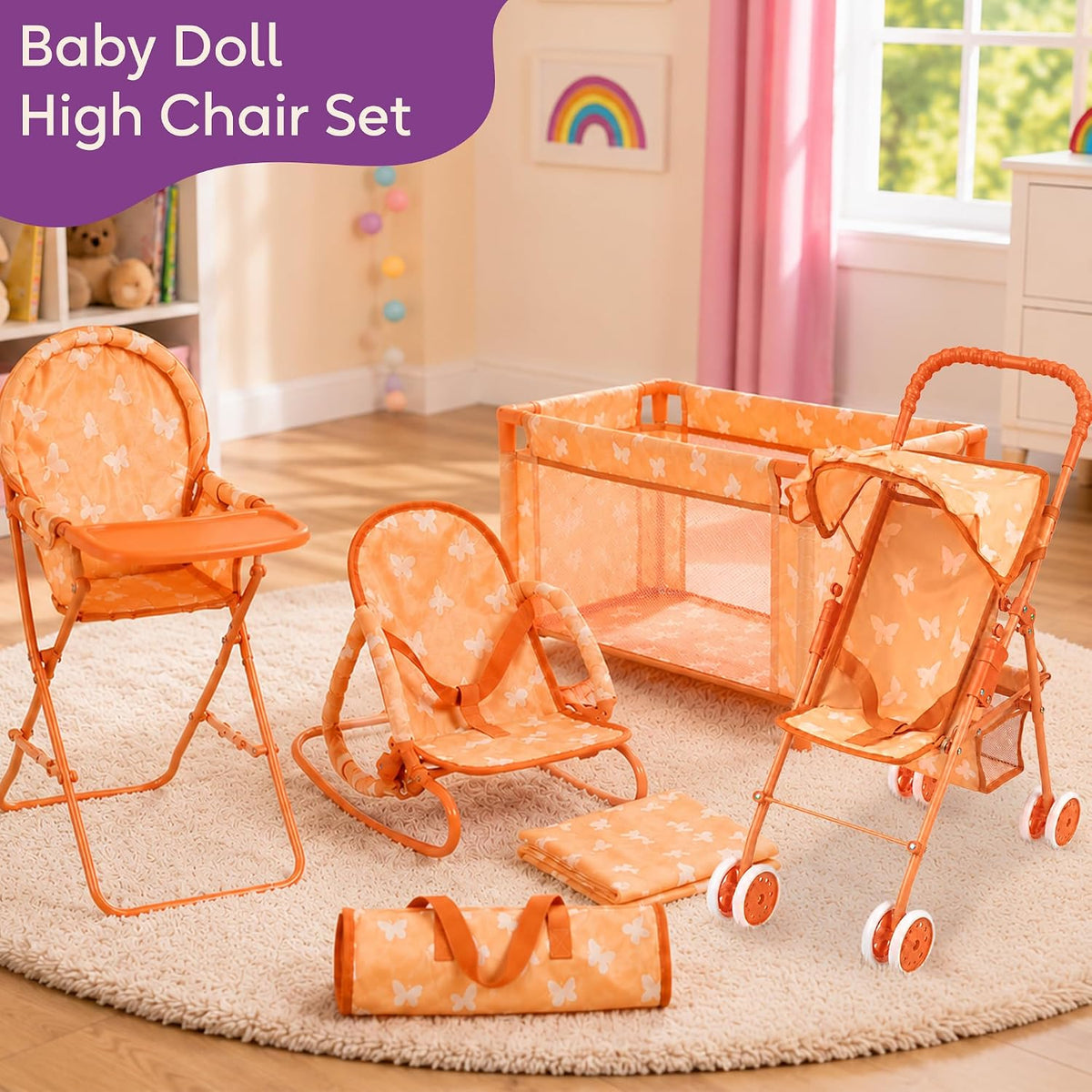 4-in-1 Baby Doll Stroller Set with Butterfly Design – Includes Toy Stroller, Crib, Bouncer & High Chair – Doll Accessories & Baby Doll Furniture Set for Kids Ages 3+ – Fits Dolls up to 18 Inches