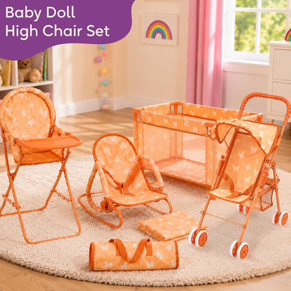 4-in-1 Baby Doll Stroller Set with Butterfly Design – Includes Toy Stroller, Crib, Bouncer & High Chair – Doll Accessories & Baby Doll Furniture Set for Kids Ages 3+ – Fits Dolls up to 18 Inches