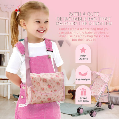 Baby Doll Stroller Bed and Seat Nursery Playset, Baby Doll Accessories Set High Chair Diaper Bag Role Play Deluxe Baby Doll Floral Set