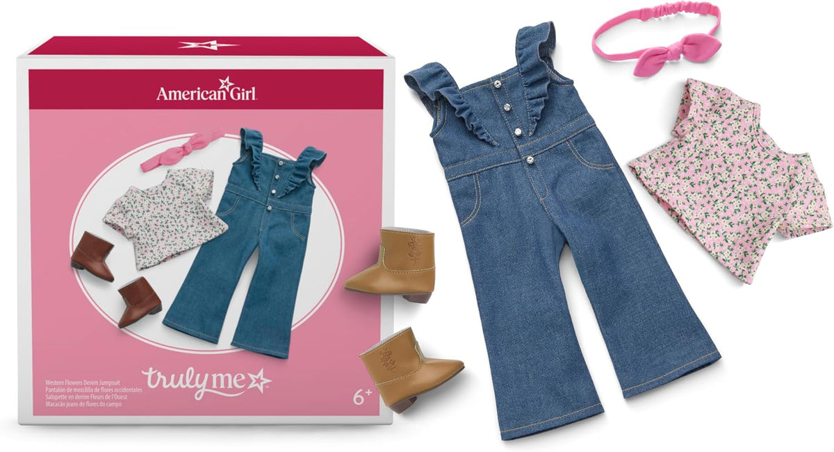 American Girl Truly Me, 18-inch Doll Clothes, Western Flowers Denim Jumpsuit, with Cowboy Boots, Ages 6+