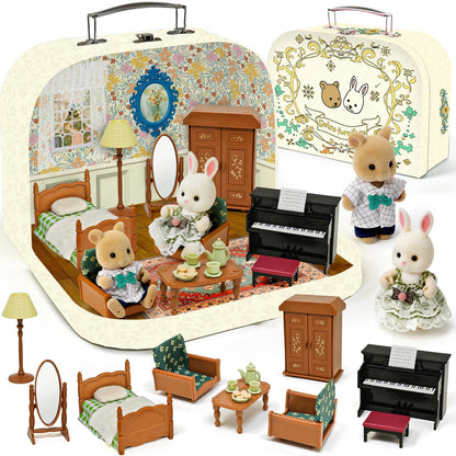Dollhouse Kitchen Furniture Suitcase Set for Kids, 2 Flexible Dolls/Dining Tble/Kitchenware/Tableware/Refrigerator/Bread, Pretend Play Dollhouse Accessories Christmas Birthday Gift for Girls Ages 3+