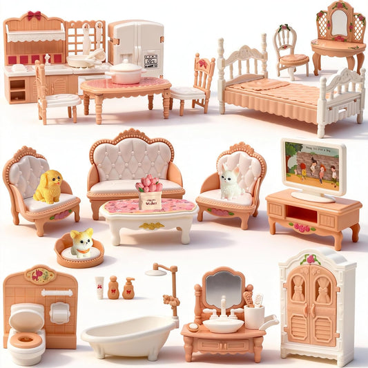 Dollhouse Furniture Set, 38 Pcs Miniature Doll House Accessories with Dogs and Cat ，Kitchen Bedroom Living Room Bathroom Furniture, Toy for Kids Ages 3+ Boys Girls, Great Gift Idea