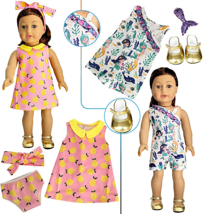 American Doll Clothes and Accessories for 18 Inch Doll, 18" Clothes Dress, Total 19 Pcs Including 8 Sets of Clothing Outfits with Shoes, Underwear, Headband, and Cap (Not Include The Doll)