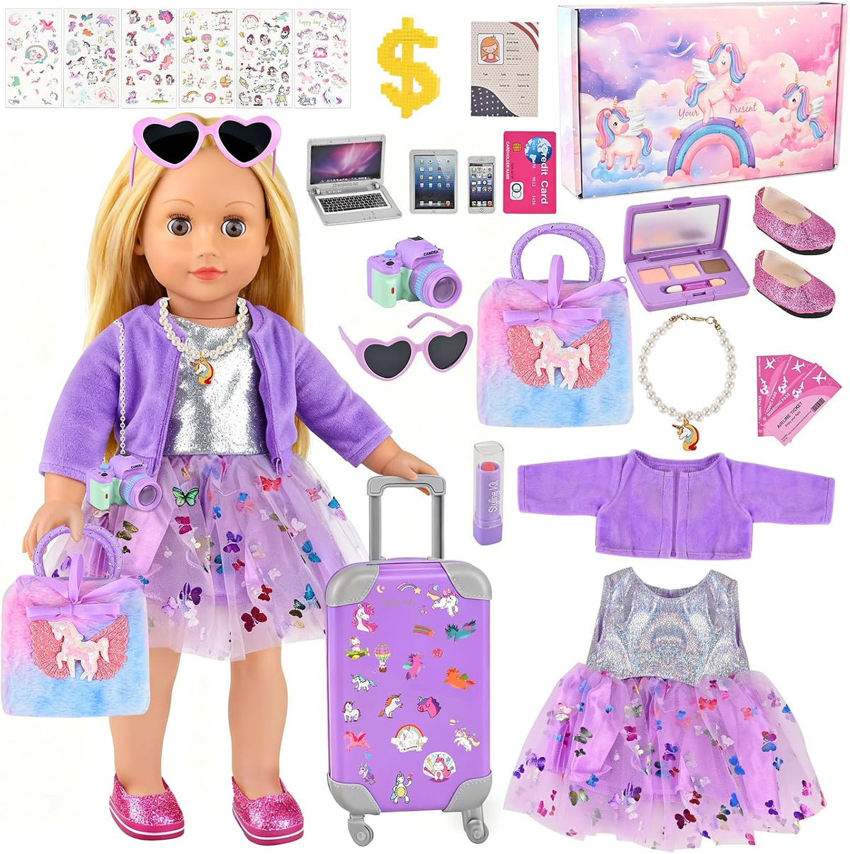 Faburo 28Pcs American 18 Inch Doll Clothes Accessories Stuff, No Doll