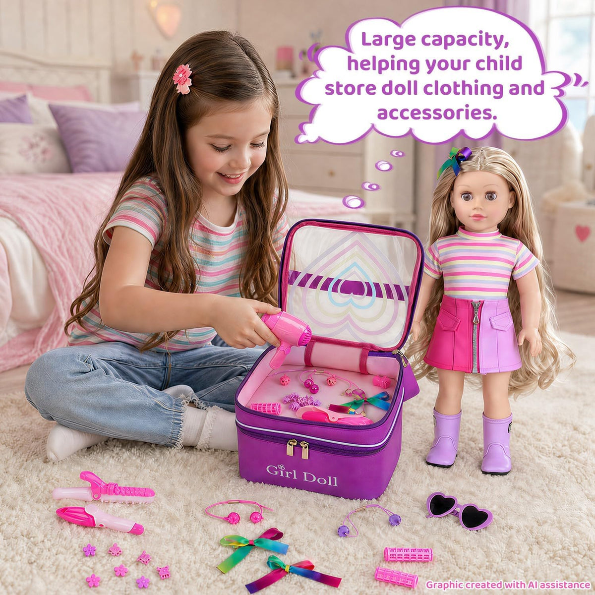 Ecore Fun 18 Inch Doll Accessories Set, Hair Styling Kit with Storage Bag