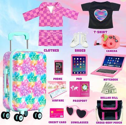 ARTST American 18 Inch Doll Suitcase Accessories and Clothes Outfit Set