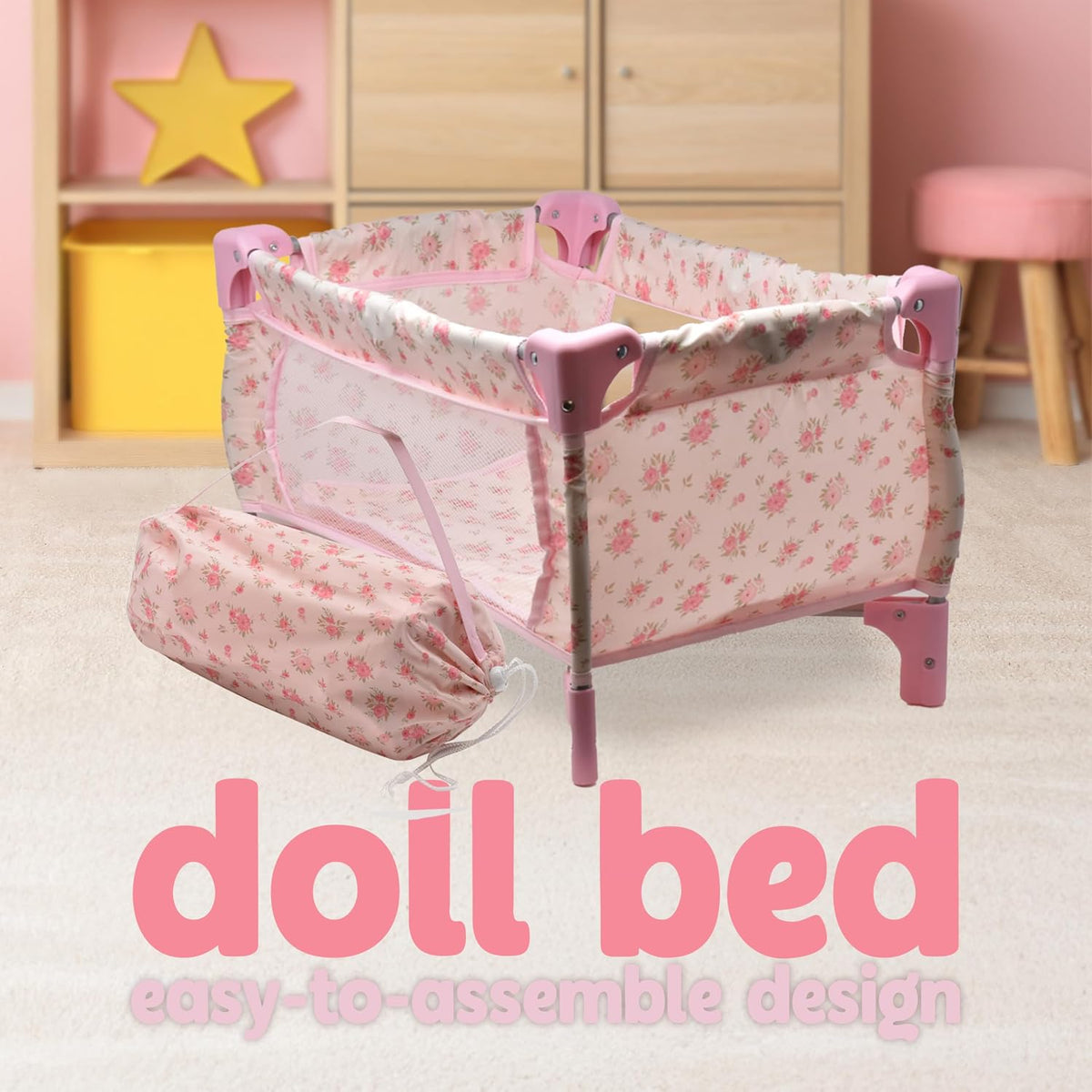 Baby Doll Stroller Bed and Seat Nursery Playset, Baby Doll Accessories Set High Chair Diaper Bag Role Play Deluxe Baby Doll Floral Set
