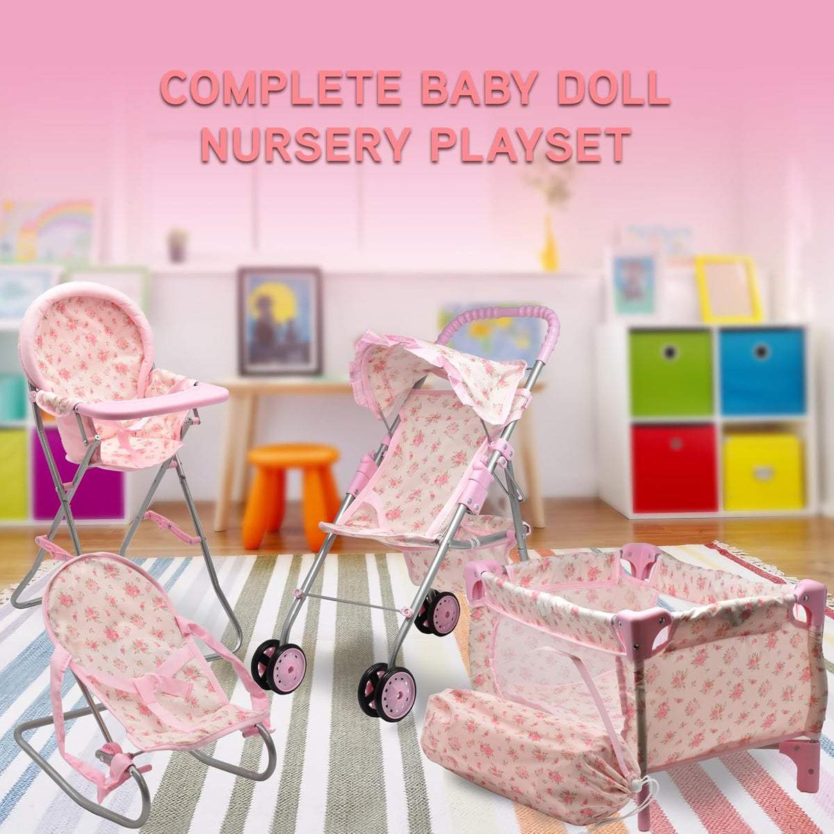 Baby Doll Stroller Bed and Seat Nursery Playset, Baby Doll Accessories Set High Chair Diaper Bag Role Play Deluxe Baby Doll Floral Set