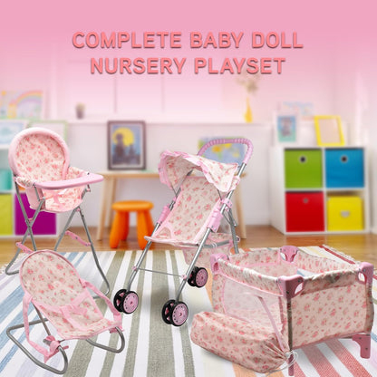 Baby Doll Stroller Bed and Seat Nursery Playset, Baby Doll Accessories Set High Chair Diaper Bag Role Play Deluxe Baby Doll Floral Set