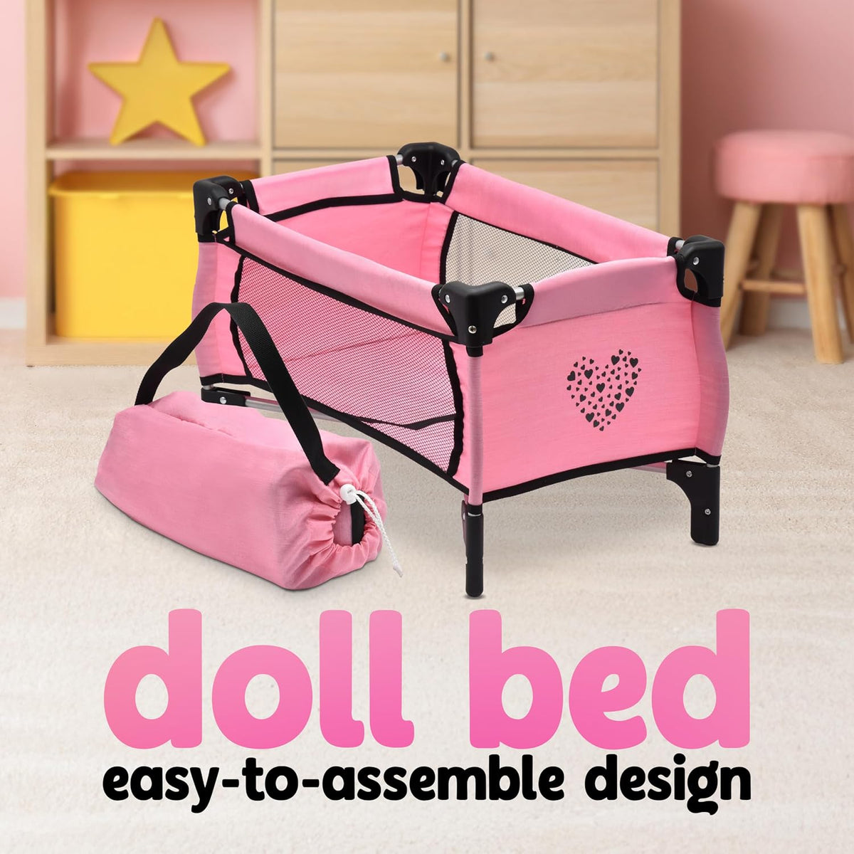 Dolls To Play Baby Doll Stroller Bed and Seat Nursery Playset, Accessories Set High Chair Diaper Bag Role Play Deluxe Set Heart Design