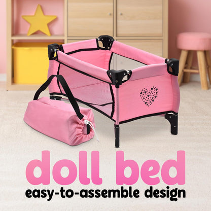 Dolls To Play Baby Doll Stroller Bed and Seat Nursery Playset, Accessories Set High Chair Diaper Bag Role Play Deluxe Set Heart Design