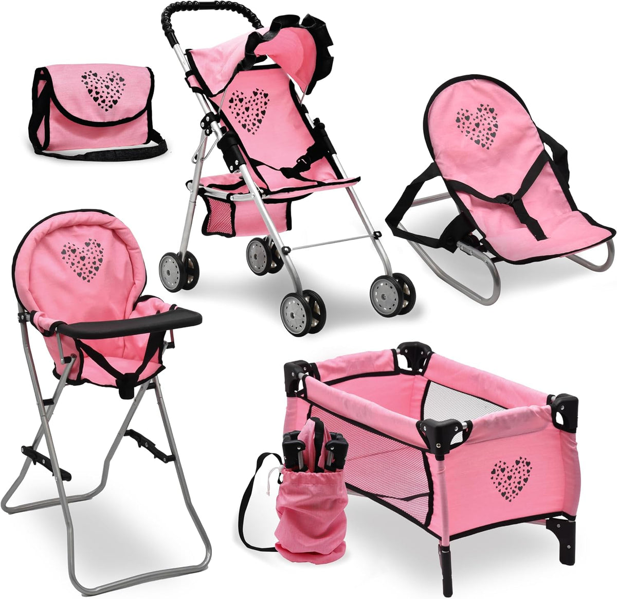 Dolls To Play Baby Doll Stroller Bed and Seat Nursery Playset, Accessories Set High Chair Diaper Bag Role Play Deluxe Set Heart Design