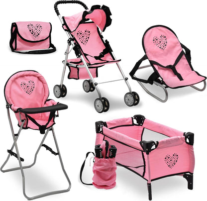 Dolls To Play Baby Doll Stroller Bed and Seat Nursery Playset, Accessories Set High Chair Diaper Bag Role Play Deluxe Set Heart Design
