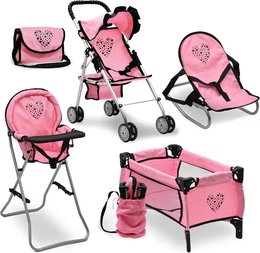 Dolls To Play Baby Doll Stroller Bed and Seat Nursery Playset, Accessories Set High Chair Diaper Bag Role Play Deluxe Set Heart Design
