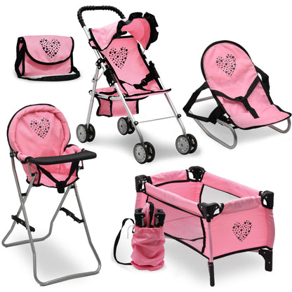 Baby Doll Stroller Bed and Seat Nursery Playset, Baby Doll Accessories Set High Chair Diaper Bag Role Play Deluxe Baby Doll Floral Set
