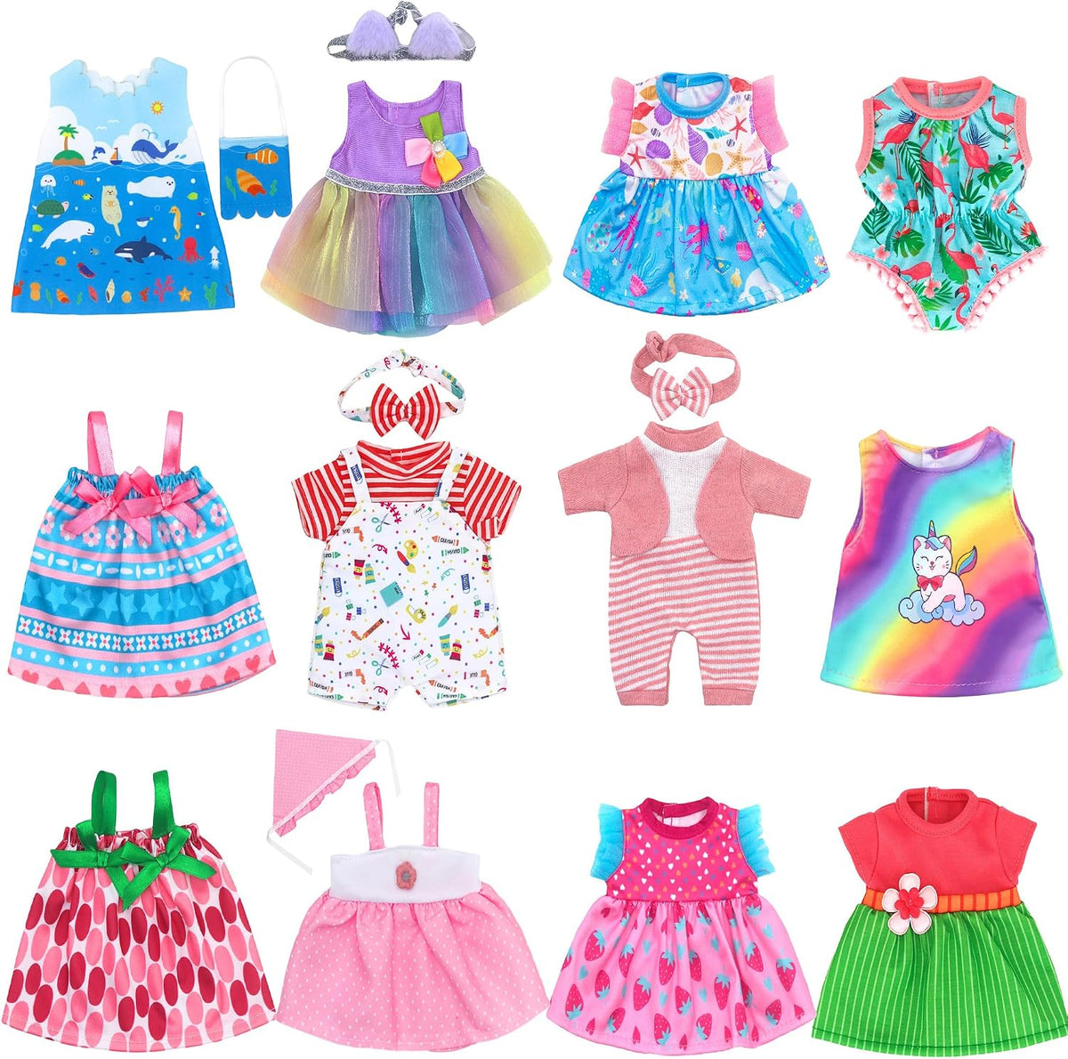 ebuddy 12 Sets Alive Baby Doll Clothes & Accessories Set for 10-12 Inch Dolls, 9 Dresses, 1 Swimsuit, 2 Outfits with Headbands & Bag - Mix and Match Outfits for Kids (No Doll)
