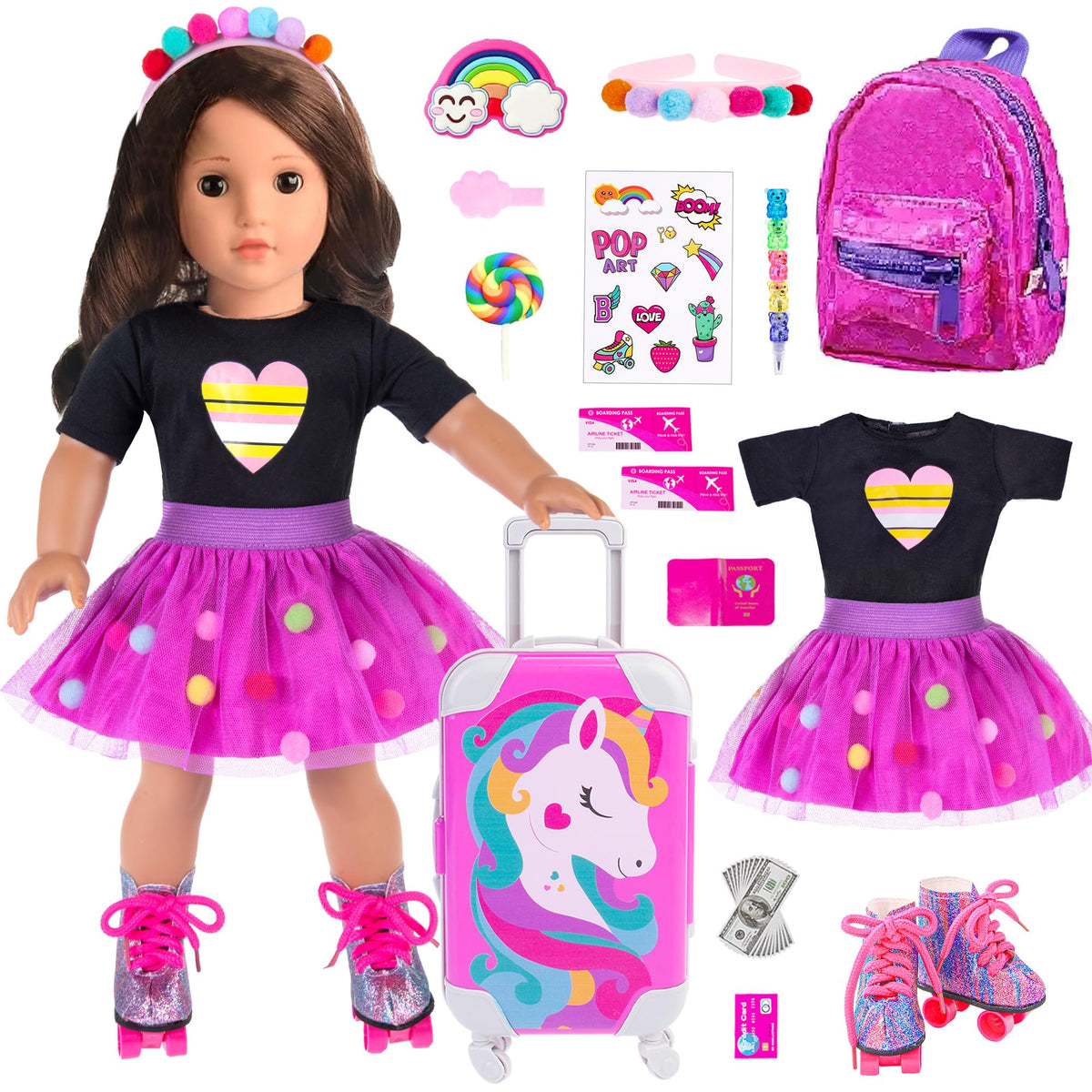 ebuddy 18 inch Doll Clothes and Accessories-Travel Suitcase Set with Fashion Outfit & Pretend Play Accessories Fit for 18" Girl Dolls (No Doll)