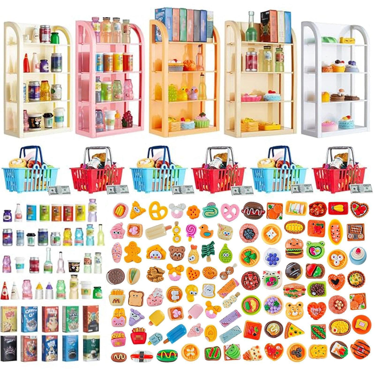 50 Pcs Miniature Food Drink Bottles Soda Pop Cans Pretend Play Kitchen Game Party Accessories Toys Hamburg Cake Ice Cream for 1/12 Doll House (25Food+25Drink)