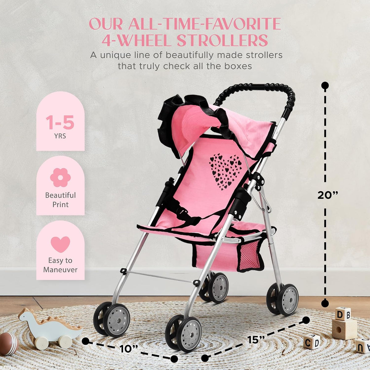 Dolls To Play Baby Doll Stroller Bed and Seat Nursery Playset, Accessories Set High Chair Diaper Bag Role Play Deluxe Set Heart Design