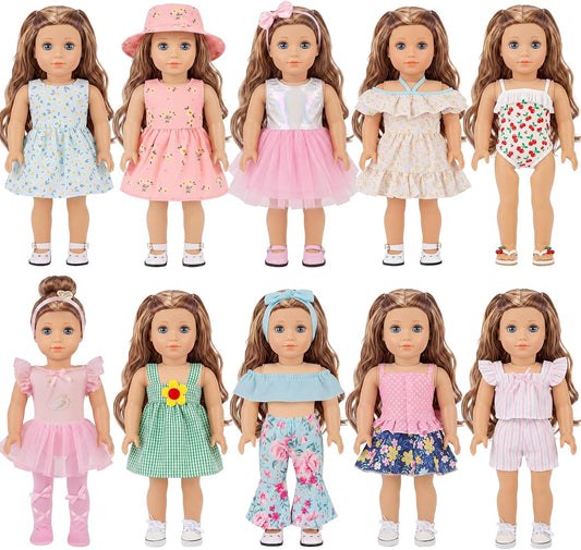 18 Pcs 18 Inch Doll Clothes & Accessories, 10 Complete Outfit Sets for American 18 Inch Dolls, Ballet Dresses, Swimsuit, Pajamas, Hat & Headbands, Dress Up Gift for Girls (No Doll, No Shoes)
