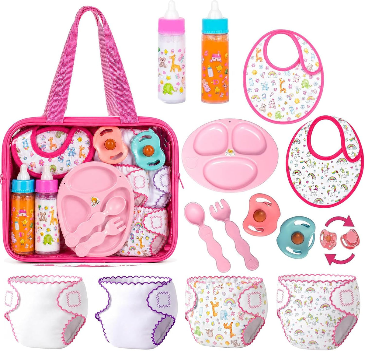 fash n kolor My Sweet 13-Piece Doll Feeding & Diaper Bag Set – Magic Disappearing Milk Bottles, Diapers, Bibs, Pacifiers & Accessories – Pretend Play Doll Care Kit with Carrying Bag for Girls